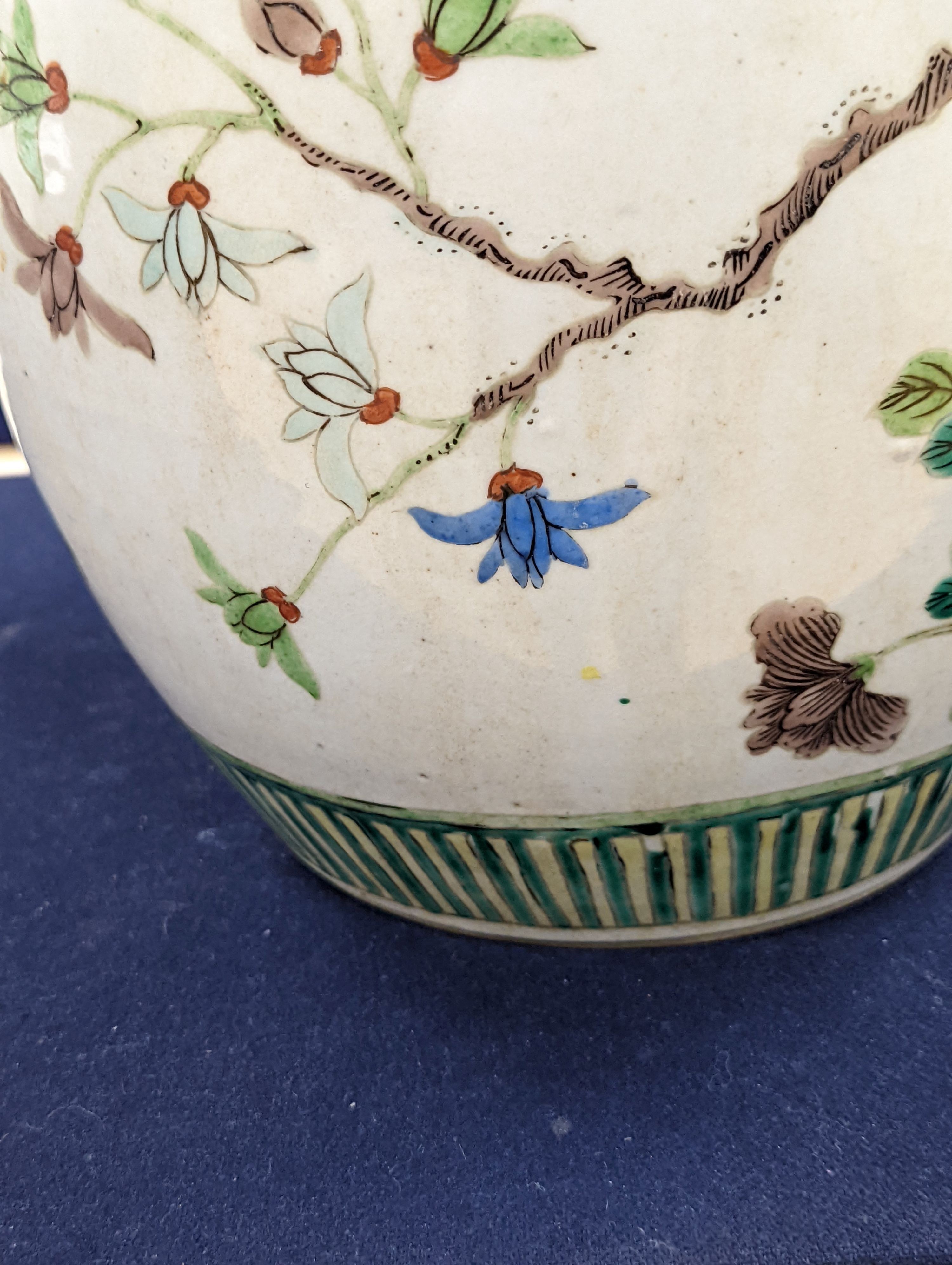 An early 20th century Chinese famille verte crackle glaze jar, 30cm